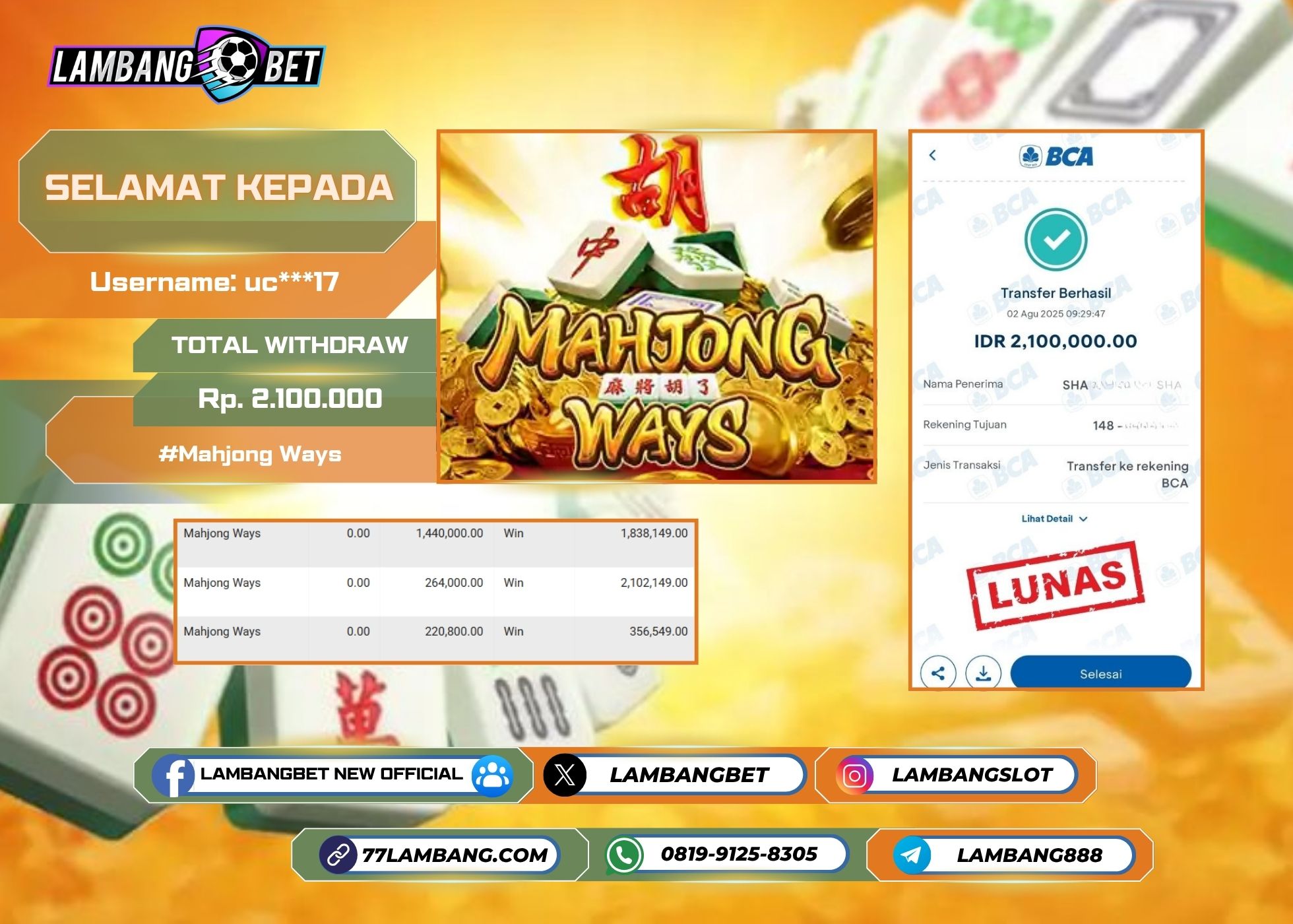 LAMBANGBET [2 AUGUST 2025] JACKPOT SLOT Mahjong Ways "Rp2.100.000" LUNAS